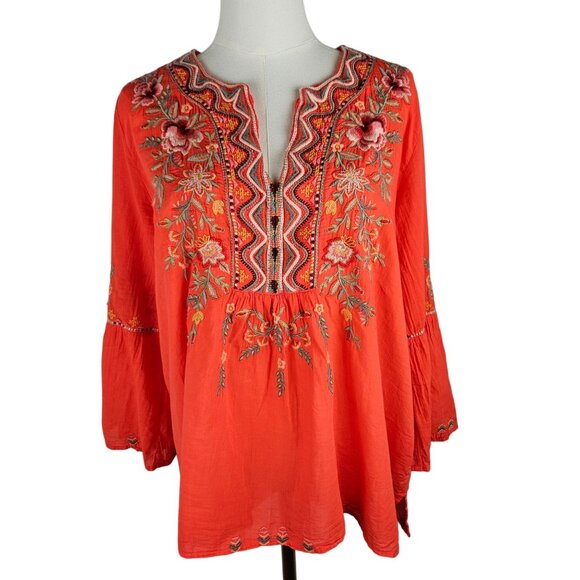 Johnny Was Alise Blouse Medium Flare Sleeve Coral Embroidered Boho Peasant Artsy - Picture 1 of 12